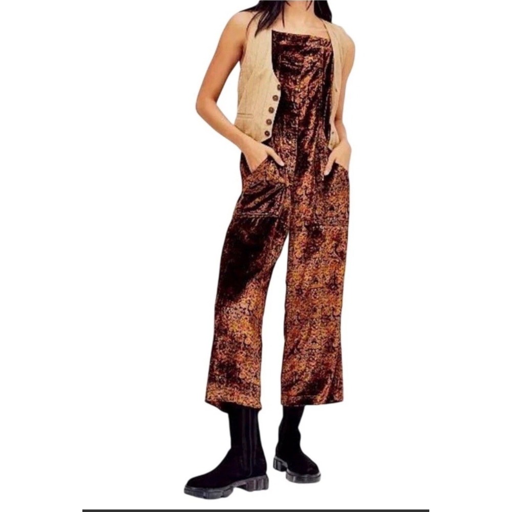 Free People Weekender Printed Velvet Jumpsuit featuring a paisley pattern Size L